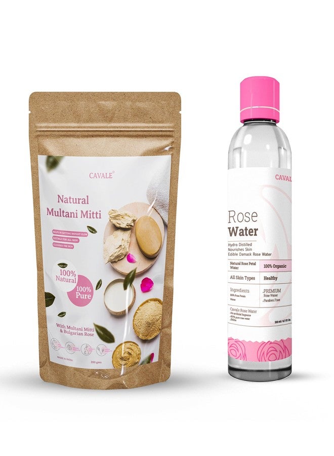 Cavale 100% Pure Natural & Organic Multani Mitti Powder with Bulgarian Rose, Rose Water For Skin & Hair Care, Paraben Free (250G Multani Mitti, 120ml Rose Water) - Image 1
