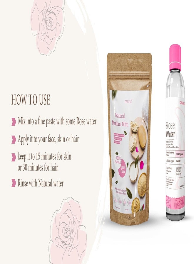 Cavale 100% Pure Natural & Organic Multani Mitti Powder with Bulgarian Rose, Rose Water For Skin & Hair Care, Paraben Free (250G Multani Mitti, 120ml Rose Water) - Image 3