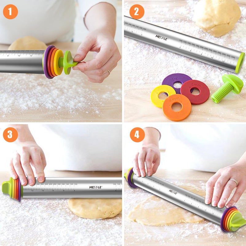 Mepple Stainless Steel Rolling Pin with Thickness Rings and Pastry Baking Mat, 13.6" Adjustable Rolling Pin Dough Roller for Baking Cookie Pizza, Comes with Large Silicone Pastry Mat and Wooden Stand - Image 4