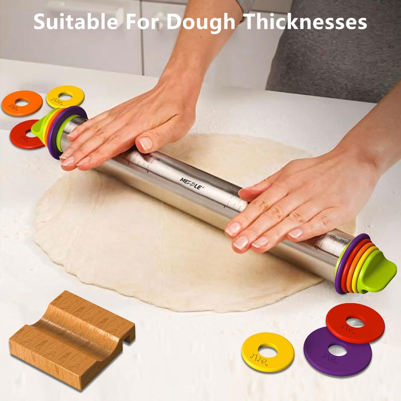 Mepple Stainless Steel Rolling Pin with Thickness Rings and Pastry Baking Mat, 13.6" Adjustable Rolling Pin Dough Roller for Baking Cookie Pizza, Comes with Large Silicone Pastry Mat and Wooden Stand - Image 2