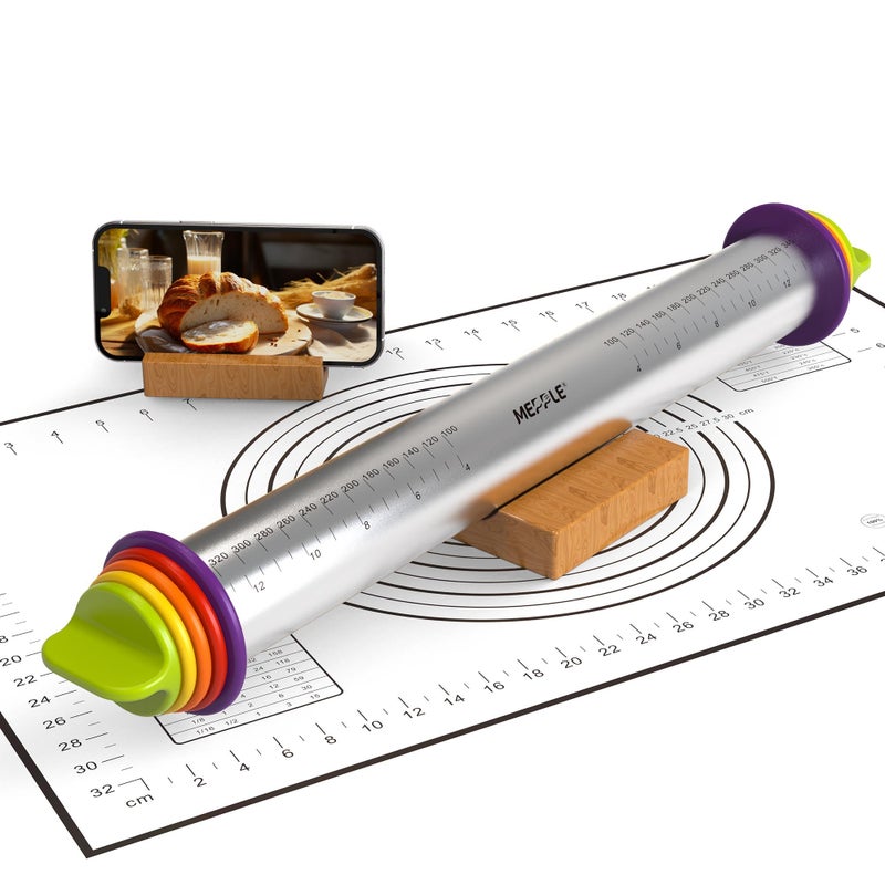 Mepple Stainless Steel Rolling Pin with Thickness Rings and Pastry Baking Mat, 13.6" Adjustable Rolling Pin Dough Roller for Baking Cookie Pizza, Comes with Large Silicone Pastry Mat and Wooden Stand - Image 1