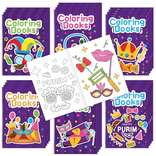 JAPBOR Purim Coloring Books for Kids Mini Happy Purim Color Book Bulk for Party Favors Jewish Carnival Holiday Small Colour Pages for Gifts Class School Drawing Painting Games Goodie Bags Fillers - Image 1
