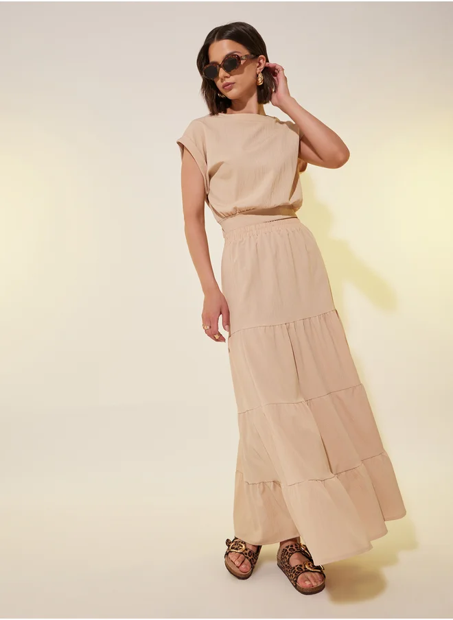 ستايلي Crinkled Extended Sleeves Top and Tiered Maxi Skirt Co-Ords