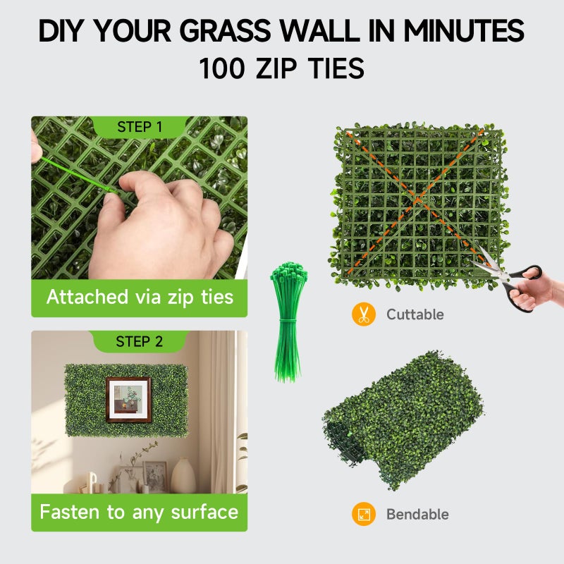 Skloopearg Artificial Grass Wall Panels, 12 PCS 10"x10" Boxwood Hedge Wall Panels with 100 Zip Ties, Boxwood Panels Backdrop for Outdoor Indoor Decorative Garden Fences Backyard Patio Privacy Hedge - Image 3
