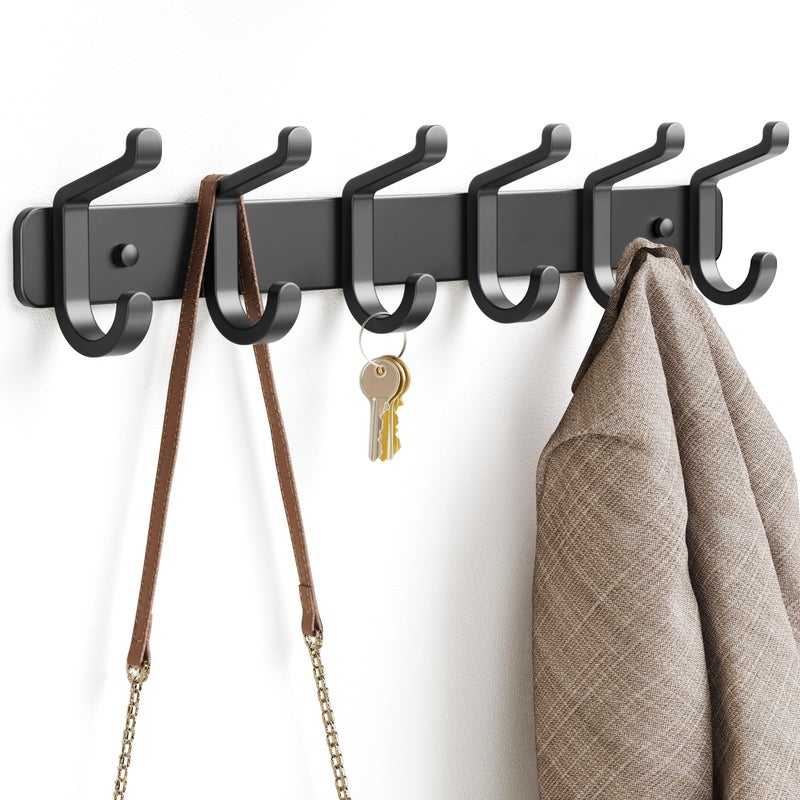 pickpiff Coat Rack Wall Mounted HeavyDuty Metal Coat Hanger 6 Hooks for Hanging Hat Clothes Robe Keys Backpack Bathroom Towels Jacket Purse Closet Door Entryway Mudroom Black 1 Pack