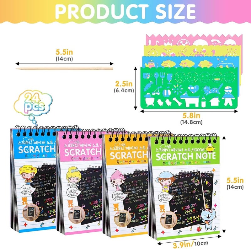 Excefore 24 Pack Scratch Arts and Crafts Notebooks, Scratch Note Pads for Kids, Paper with 24 Wooden Stylus and 4 Drawing Stencils, Kids Birthday Party Favors Game Gift - Image 2