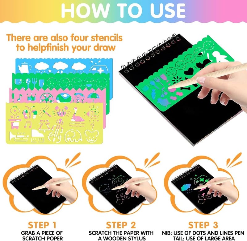 Excefore 24 Pack Scratch Arts and Crafts Notebooks, Scratch Note Pads for Kids, Paper with 24 Wooden Stylus and 4 Drawing Stencils, Kids Birthday Party Favors Game Gift - Image 4