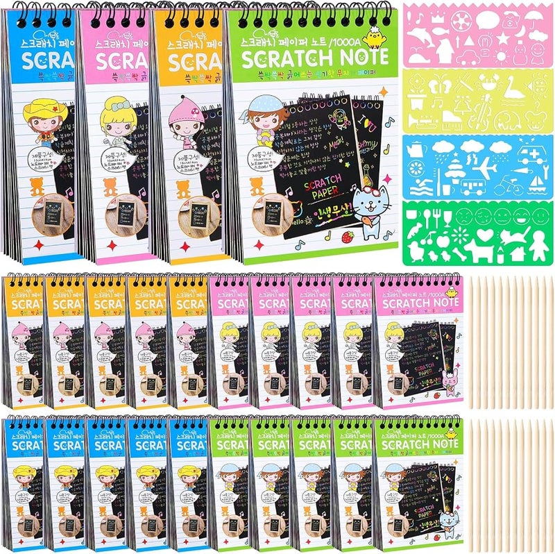 Excefore 24 Pack Scratch Arts and Crafts Notebooks, Scratch Note Pads for Kids, Paper with 24 Wooden Stylus and 4 Drawing Stencils, Kids Birthday Party Favors Game Gift - Image 1