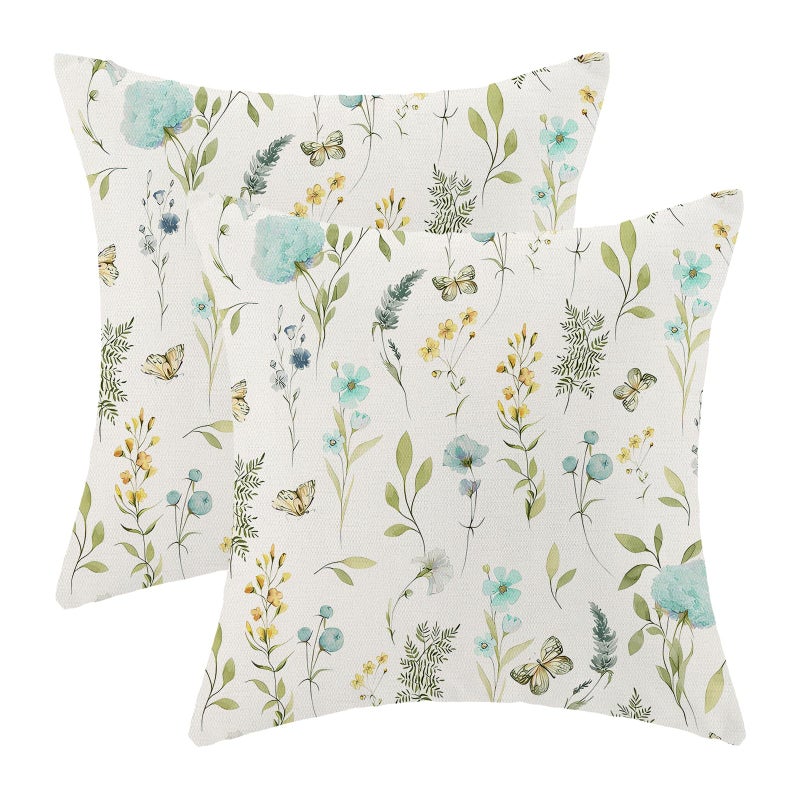 AEIOAE Spring Pillow Covers 18x18 Inch Set of 2, Aqua Teal Sage Green Wild Flower Throw Pillows Case,Colorful Seasonal Floral Plant Outdoor Decorative Farmhouse Decor Cushion Covers for Sofa Bed Couch - Image 1