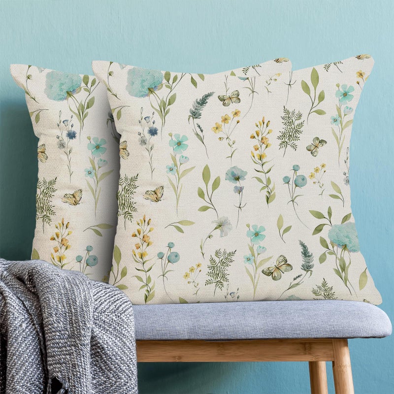 AEIOAE Spring Pillow Covers 18x18 Inch Set of 2, Aqua Teal Sage Green Wild Flower Throw Pillows Case,Colorful Seasonal Floral Plant Outdoor Decorative Farmhouse Decor Cushion Covers for Sofa Bed Couch - Image 2