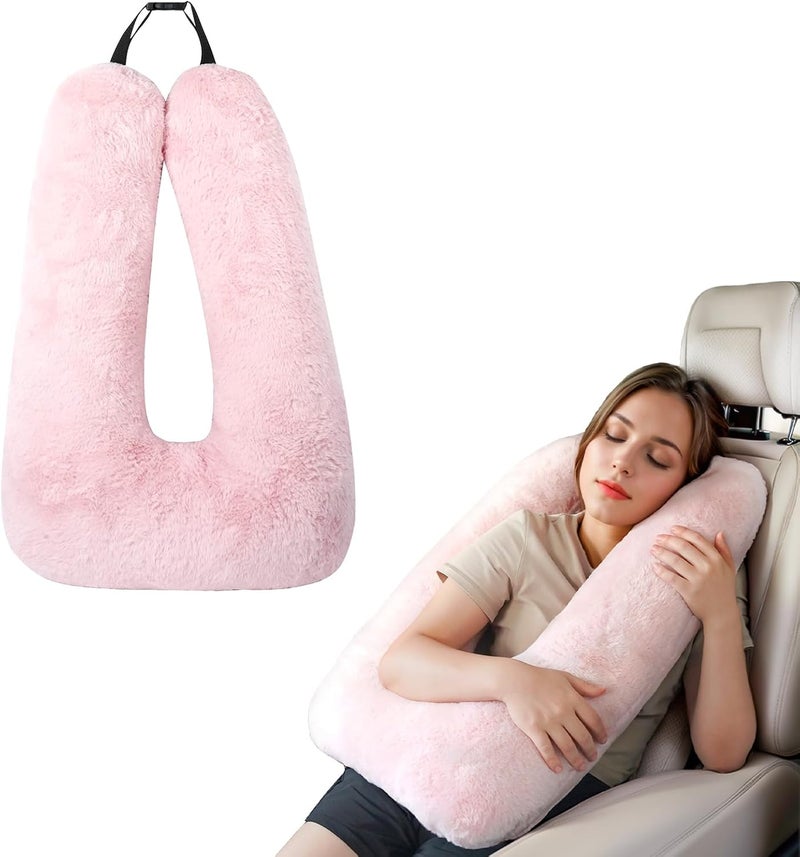 Atablyn Pink Soft Cotton Travel Neck Pillow -Ergonomic Support for Child and Adult Car Seats, Cozy Compact Pillow for Long-Distance Travel Essentials - Image 1