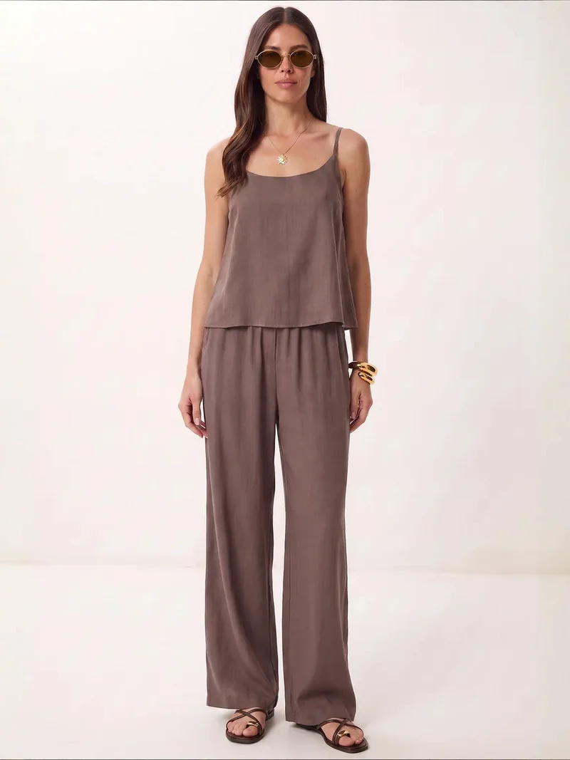 Happiness İstanbul Mocha Brown ISTANBUL V-Neck Sleeveless Two-Piece Coord Set with Wide Leg Pants for Women | Best Price UAE