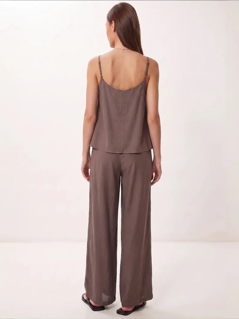 Happiness İstanbul Mocha Brown ISTANBUL V-Neck Sleeveless Two-Piece Coord Set with Wide Leg Pants for Women | Best Price UAE