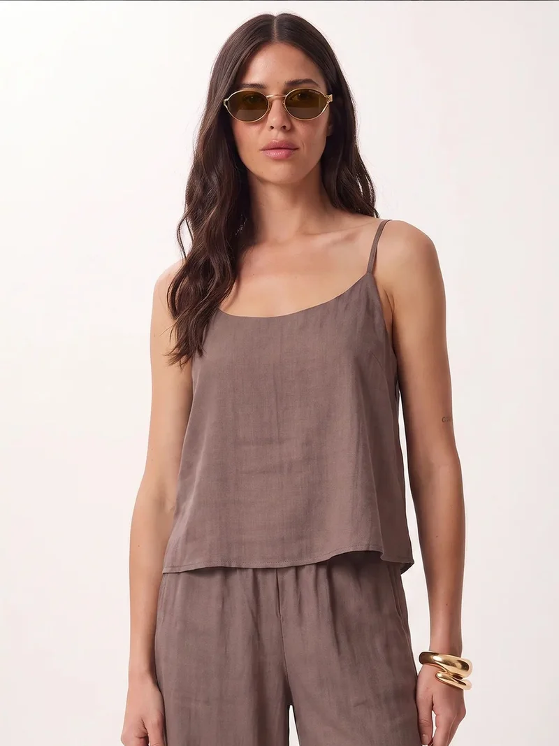 Happiness İstanbul Mocha Brown ISTANBUL V-Neck Sleeveless Two-Piece Coord Set with Wide Leg Pants for Women | Best Price UAE