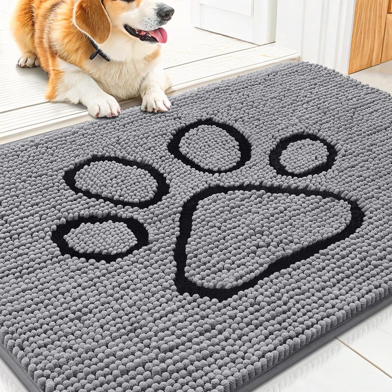 Smiry Dog Door Mat for Muddy Paws, Absorbent Dirt Trapper Non Slip Quick Dry Washable Chenille Mat for Mud Dogs, Entry Rug for Indoor and Outdoor (30x20 Inches, Grey and Black) - Image 1