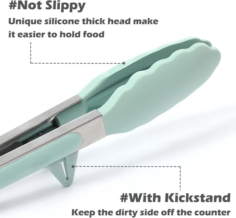 Agabani 3 Pack Green Silicone Kitchen Cooking Tongs Set Stainless Steel Nonstick Food Tong with BPA Free Silicone Tips for Serving Pasta Spaghetti Steak Pie Pizza Salad Vegetable Fruit Grilling BBQ - Image 2