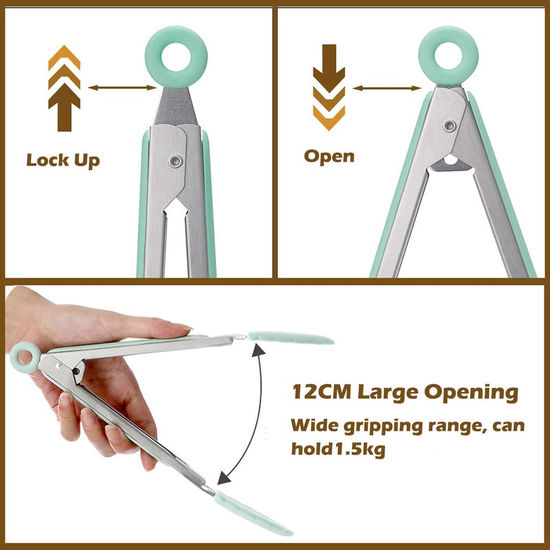 Agabani 3 Pack Green Silicone Kitchen Cooking Tongs Set Stainless Steel Nonstick Food Tong with BPA Free Silicone Tips for Serving Pasta Spaghetti Steak Pie Pizza Salad Vegetable Fruit Grilling BBQ - Image 3