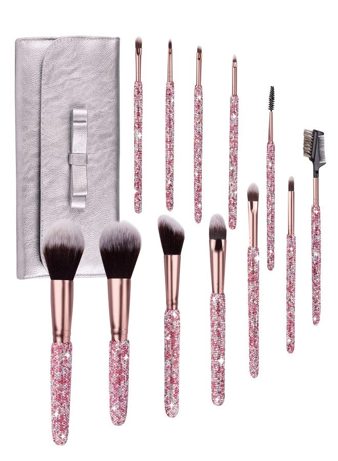 KEYPOWER Makeup Brushes Bling Crystal Professional Face Cosmetics Blending Liquid Foundation Powder Concealer Eye Shadows Make Up Beauty Tool Glitter with Pouch Bag Kit Purely Handmade (12PCS) (Pink) - Image 1