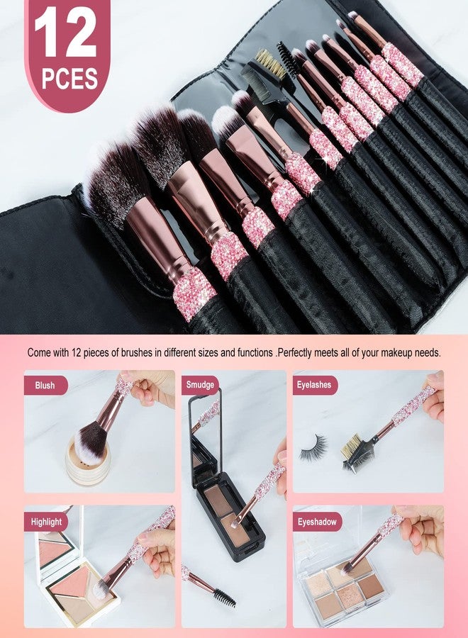 KEYPOWER Makeup Brushes Bling Crystal Professional Face Cosmetics Blending Liquid Foundation Powder Concealer Eye Shadows Make Up Beauty Tool Glitter with Pouch Bag Kit Purely Handmade (12PCS) (Pink) - Image 4