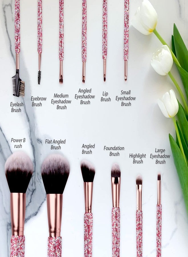 KEYPOWER Makeup Brushes Bling Crystal Professional Face Cosmetics Blending Liquid Foundation Powder Concealer Eye Shadows Make Up Beauty Tool Glitter with Pouch Bag Kit Purely Handmade (12PCS) (Pink) - Image 2