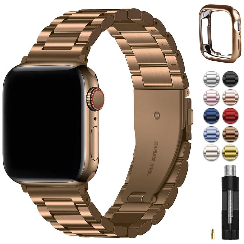 Fullmosa Metal Band Compatible with Apple Watch Bands 45mm 44mm 42mm, iWatch Band with Case for Apple Watch Series 9 8 7 6 5 4 3 2 1 SE3/2/1, Golden Coffee - Image 1
