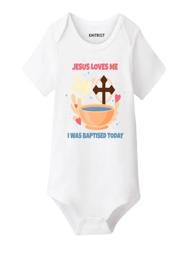 KNITROOT Baptism Special, Jesus Loves Me, Onesies, Unisex Baby Kids Cotton Lycra Half Sleeve White Rompers, Sleepsuit, Bodysuit, 0-3 Months, Infant Cloths for Boys & Girls - Image 1