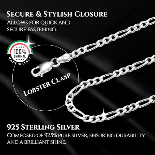 Designer Sterling Silver DSS 925 Sterling Silver Necklace for Women, Figaro Chain 1.8mm, Lobster Claw Clasps, Sterling Silver Chain, Italian Jewelry for Women, 16in - Made in Italy - Image 3