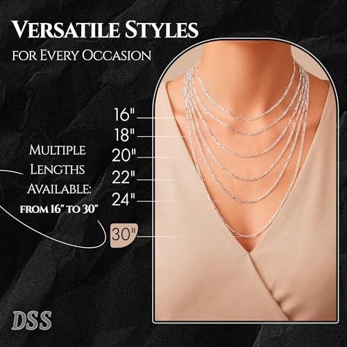 Designer Sterling Silver DSS 925 Sterling Silver Necklace for Women, Figaro Chain 1.8mm, Lobster Claw Clasps, Sterling Silver Chain, Italian Jewelry for Women, 16in - Made in Italy - Image 2