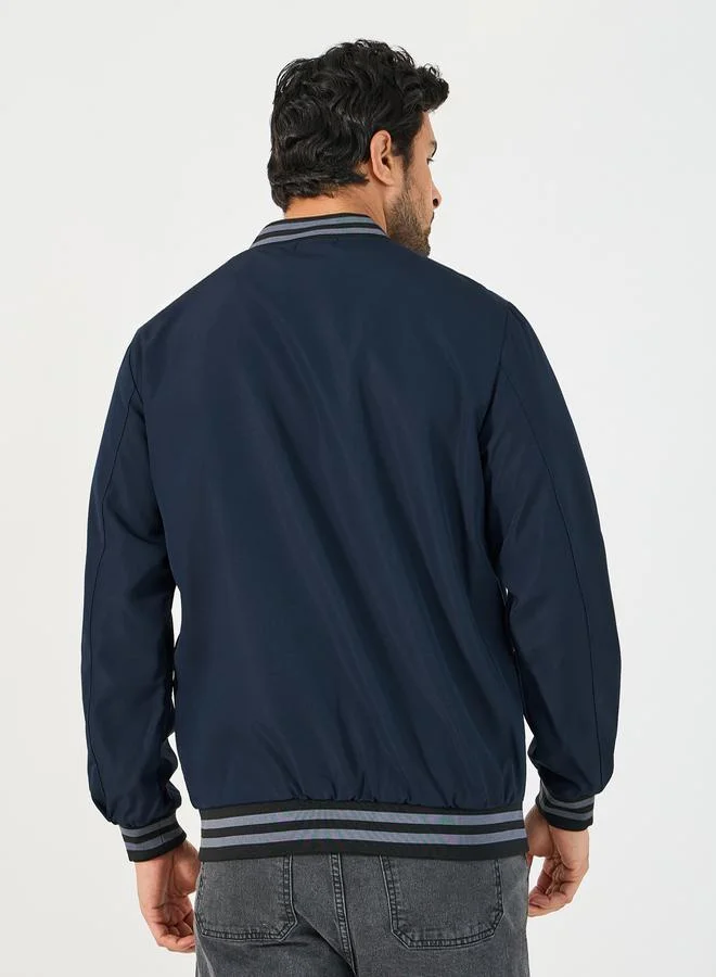 Styli Contrast Rib Detail Bomber Jacket with Welt Pockets