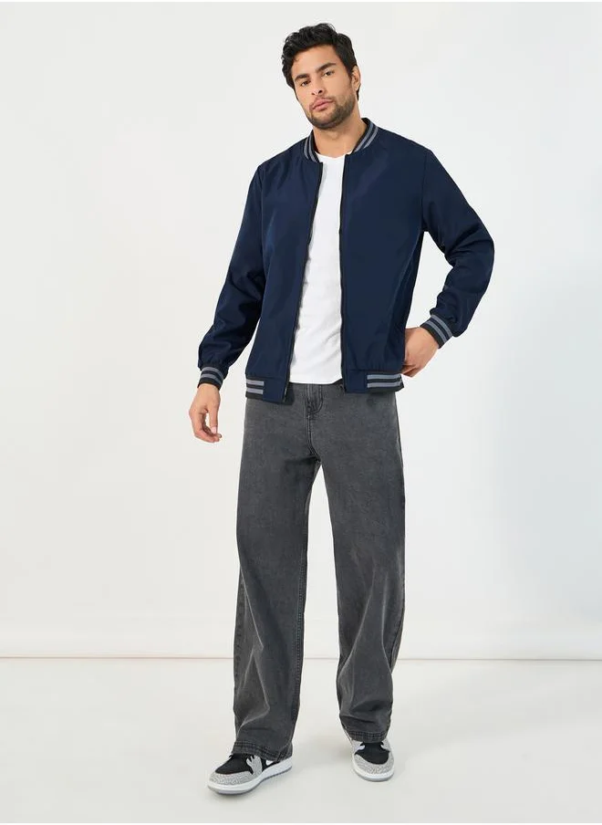 Styli Contrast Rib Detail Bomber Jacket with Welt Pockets