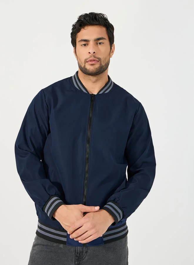 Styli Contrast Rib Detail Bomber Jacket with Welt Pockets