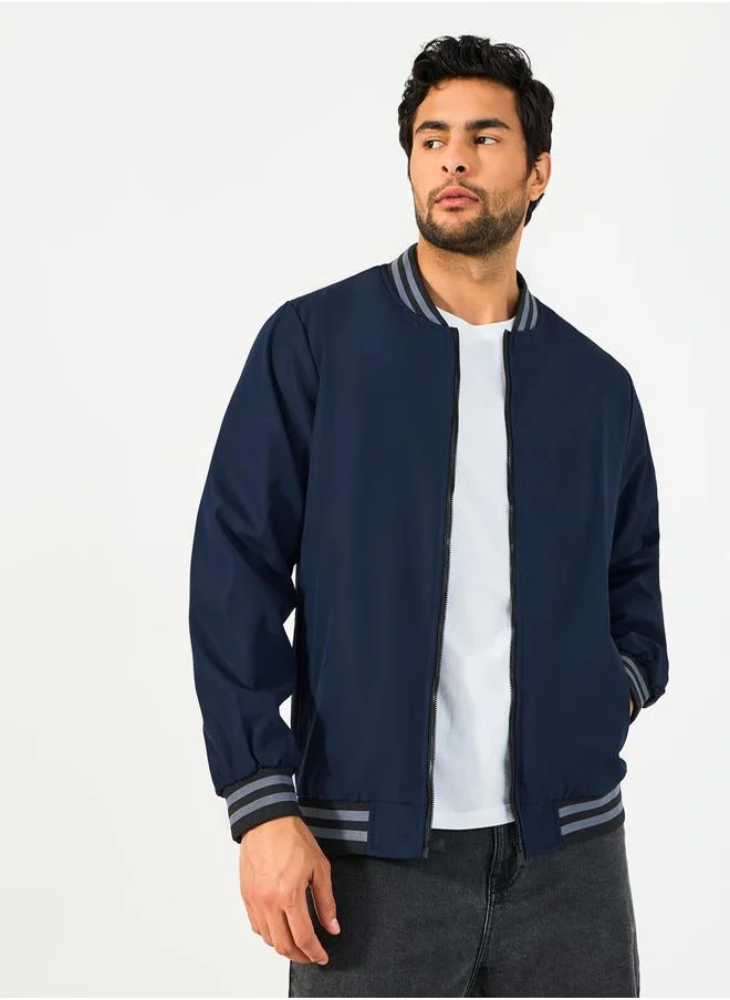 Styli Contrast Rib Detail Bomber Jacket with Welt Pockets