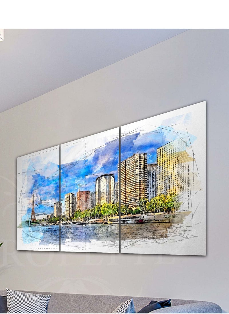 Droplyte - 3 Piece Paris City View Painting Decorative Wall Art Wall Decor Card Board MDF Home Decor for Living Room, Drawing Room, Office Room and Bedroom 120CM x 60CM - Image 1