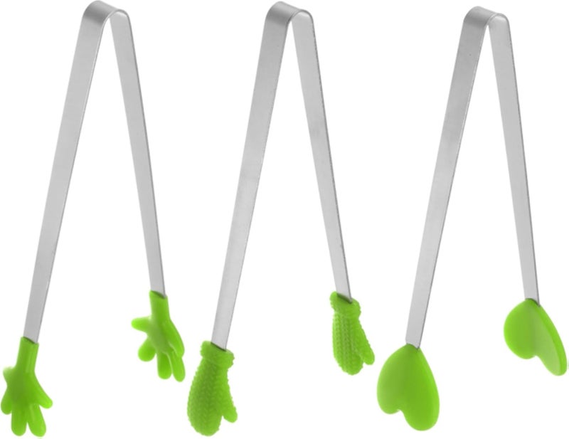 HARFINGTON Mini Food Tongs 5.5" Pattern Shape Stainless Steel with Silicon Tips Small Cooking Tongs Kitchen Food Tongs Serving Tongs for Cooking Grilling BBQ Barbecue Kitchen, Green