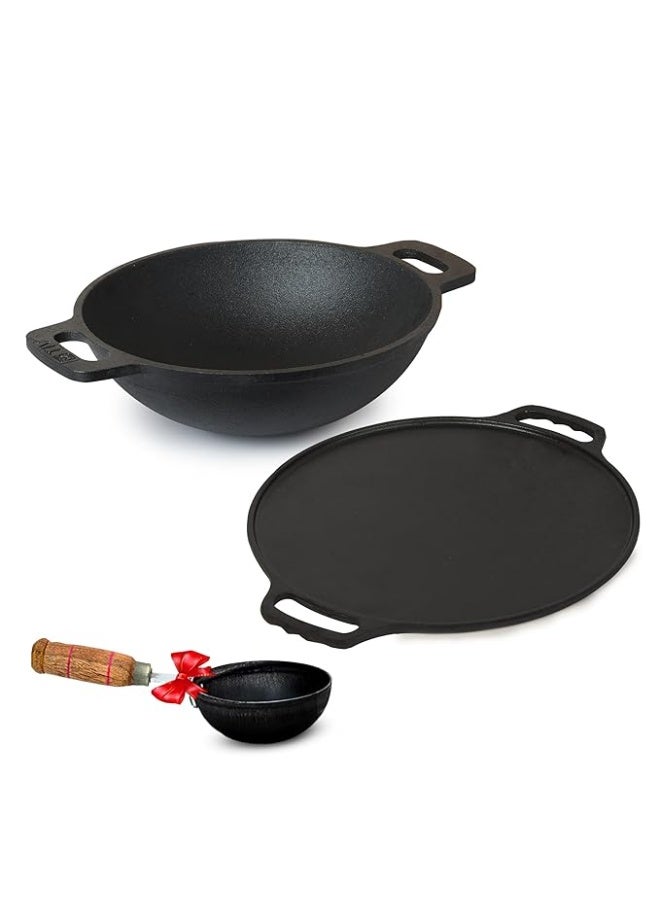Lodge The Indus Valley Pre-Seasoned Cast Iron Cookware Set+ Iron Tadka Pan | Tawa (30.5Cm)+ Kadai (25.4 Cm/2.4L) | Kitchen Cooking Combo Pots and Pans Set of 3Pcs | Naturally Nonstick, Black - Image 1