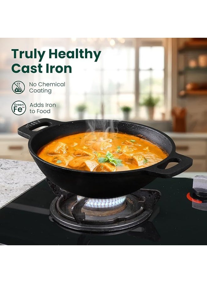 Lodge The Indus Valley Pre-Seasoned Cast Iron Cookware Set+ Iron Tadka Pan | Tawa (30.5Cm)+ Kadai (25.4 Cm/2.4L) | Kitchen Cooking Combo Pots and Pans Set of 3Pcs | Naturally Nonstick, Black - Image 3