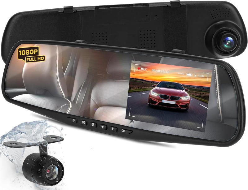 Pyle Dash Cam Rearview Mirror 4.3” DVR Monitor Rear View Dual Camera Video Recording System Built in G Sensor Motion Detect Parking Control Loop Record Support PLCMDVR49, Black, 4.3 inches - Image 1