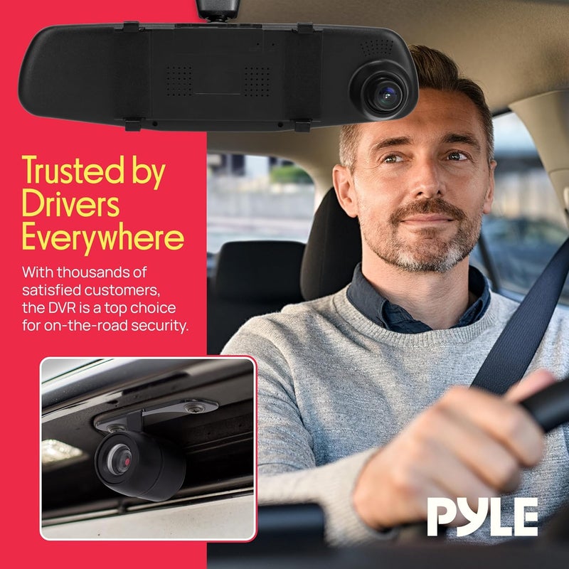 Pyle Dash Cam Rearview Mirror 4.3” DVR Monitor Rear View Dual Camera Video Recording System Built in G Sensor Motion Detect Parking Control Loop Record Support PLCMDVR49, Black, 4.3 inches - Image 5