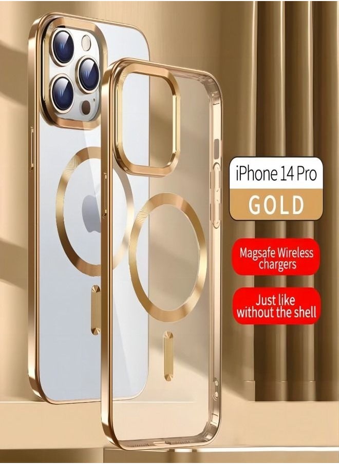 ESCASE - MagSafe Case Magnetic Clear Soft TPU Plating Case Wireless Charging Compatible Shockproof Protection For Apple iPhone 14 Pro Gold - Image 1