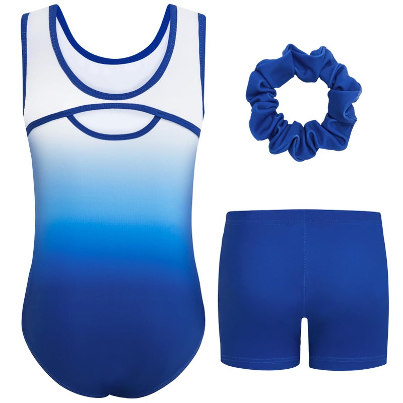 Gogokids Gymnastics Leotards for Girls Sparkly Rhinestone Dance Unitard with Shorts & Hair Scrunchie Activewear, B-blue, 5-6 years, 110 - Image 2