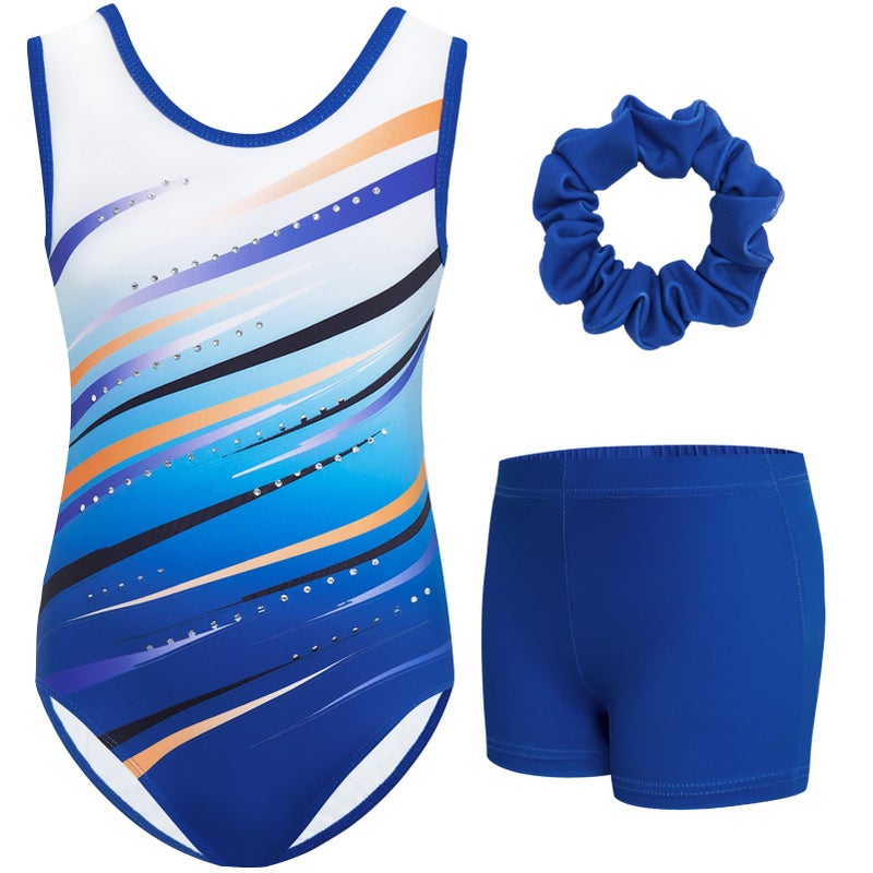 Gogokids Gymnastics Leotards for Girls Sparkly Rhinestone Dance Unitard with Shorts & Hair Scrunchie Activewear, B-blue, 5-6 years, 110 - Image 1
