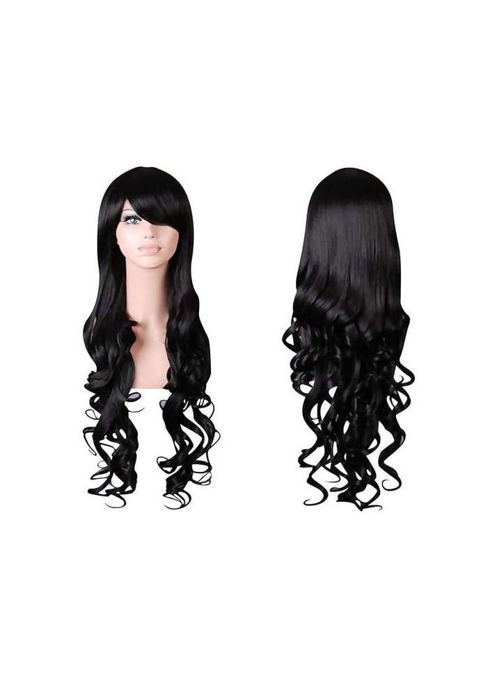 باروكة شعر صناعي  طويل مموج لون اسود شعر حراري فايبر