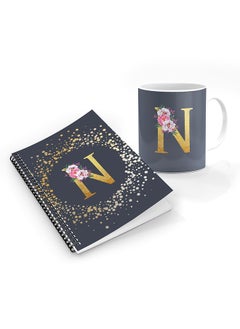 Stylizedd Printed Coffee Mug + A5 Spiral Notebook Memo Personalised Combo Gift Set Custom Monogram Initial Letter Floral Pattern Alphabet - N  (Grey ) 