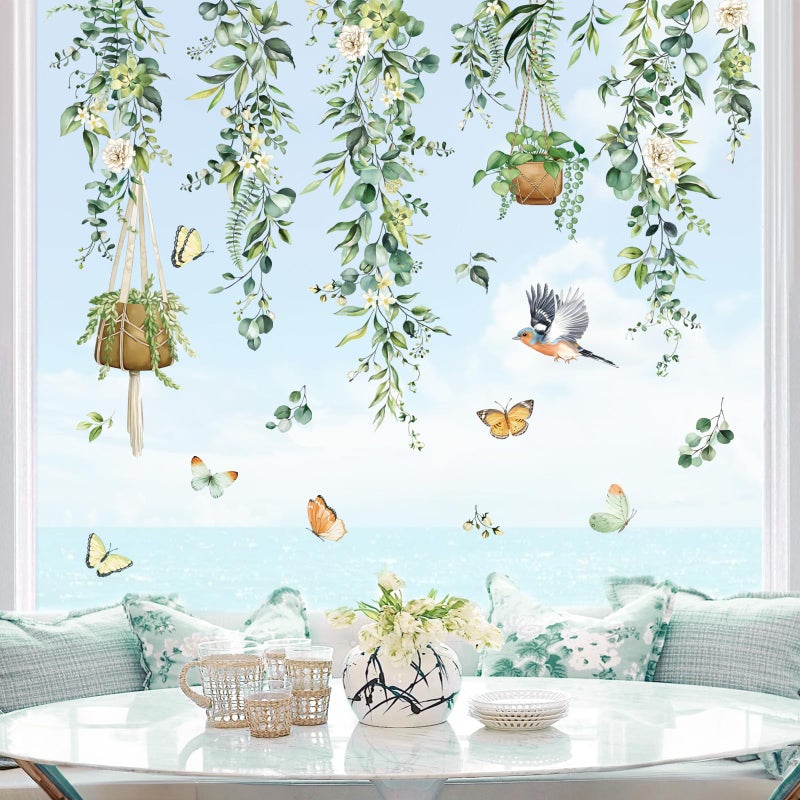 decalmile Spring Hanging Vine Window Clings Double Sided Green Leaves Flower Birds Anti-Collision Glass Doors Window Stickers Decals - Image 1