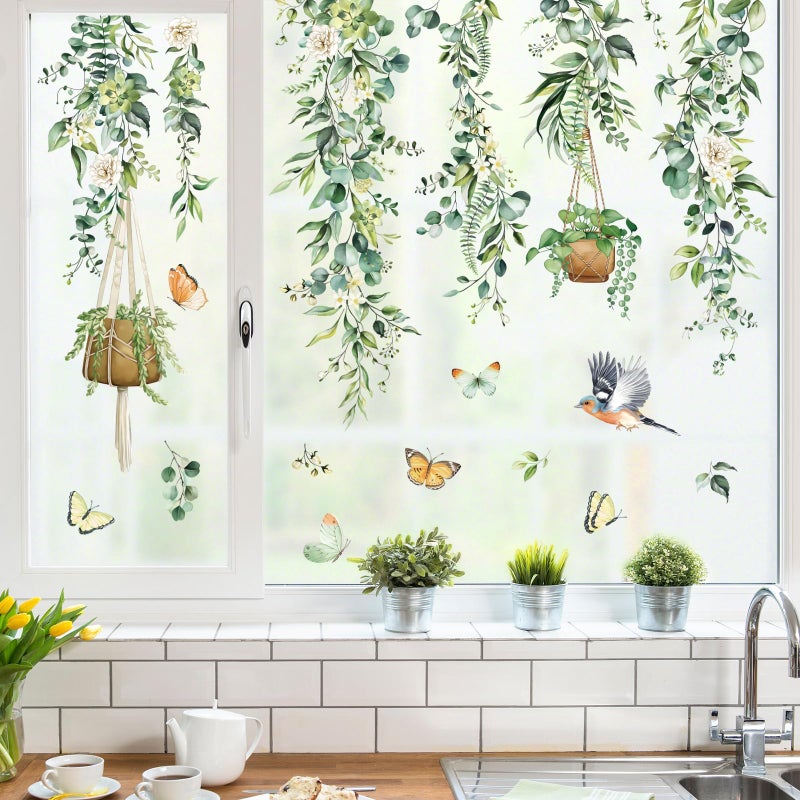 decalmile Spring Hanging Vine Window Clings Double Sided Green Leaves Flower Birds Anti-Collision Glass Doors Window Stickers Decals - Image 2