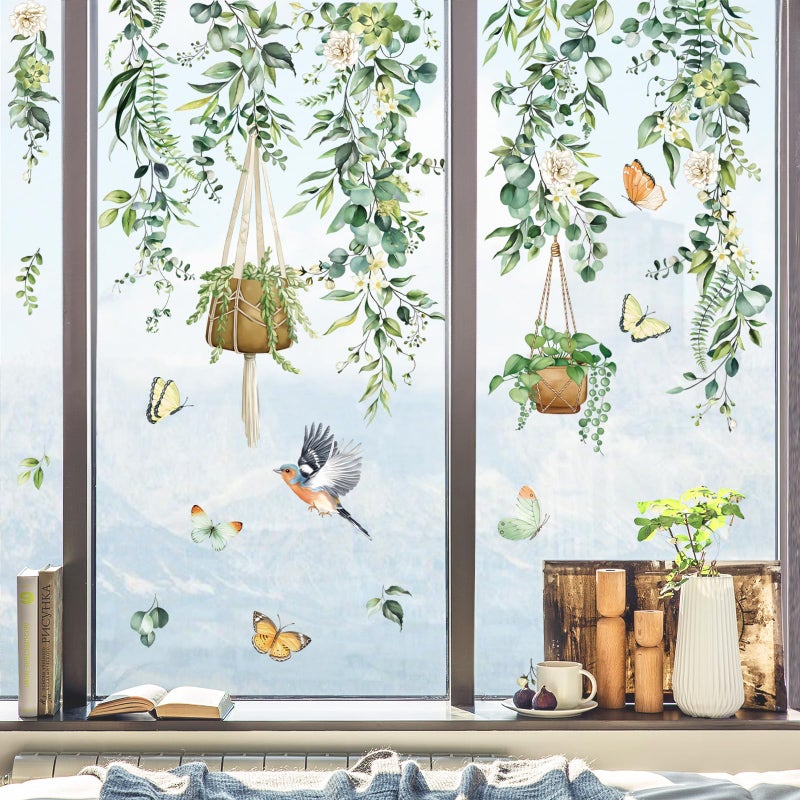 decalmile Spring Hanging Vine Window Clings Double Sided Green Leaves Flower Birds Anti-Collision Glass Doors Window Stickers Decals - Image 3