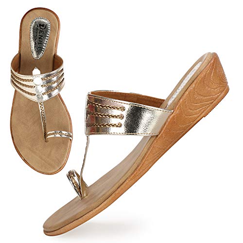Denill Women's Comfortable Wedge Fashion Sandal Heel Flats (Gold)- UK-6 - Image 2