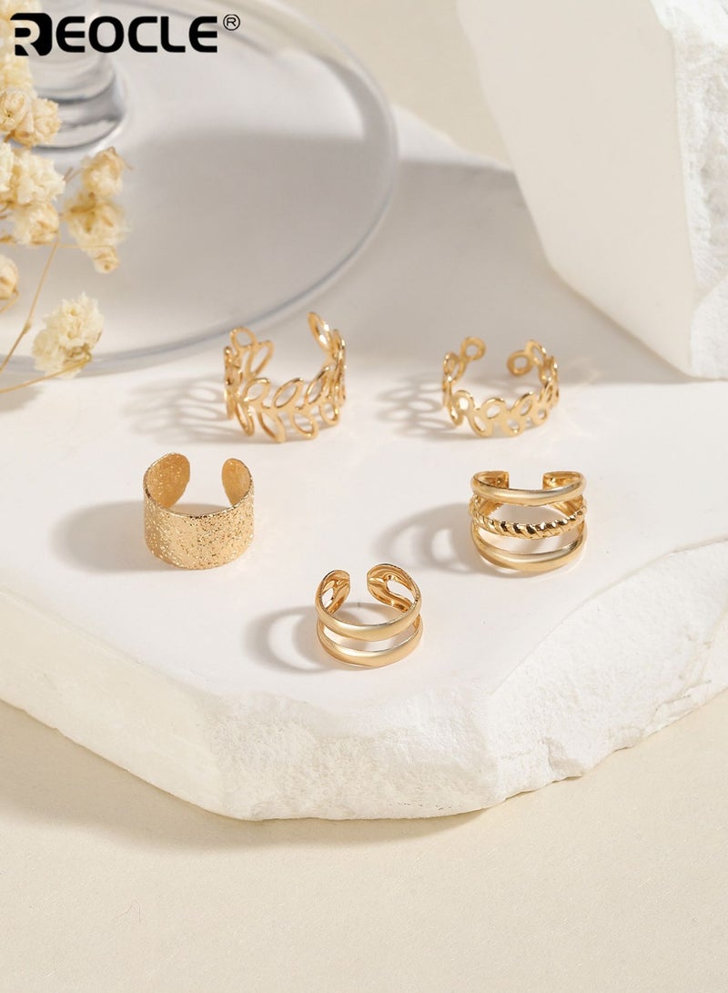 REOCLE 5PCS Women's Multi-Piece Ear Cuff Set with Mixed Textures & Geometric Designs Edgy Minimalist Jewelry for Daily Wear and Special Occasions - Image 4