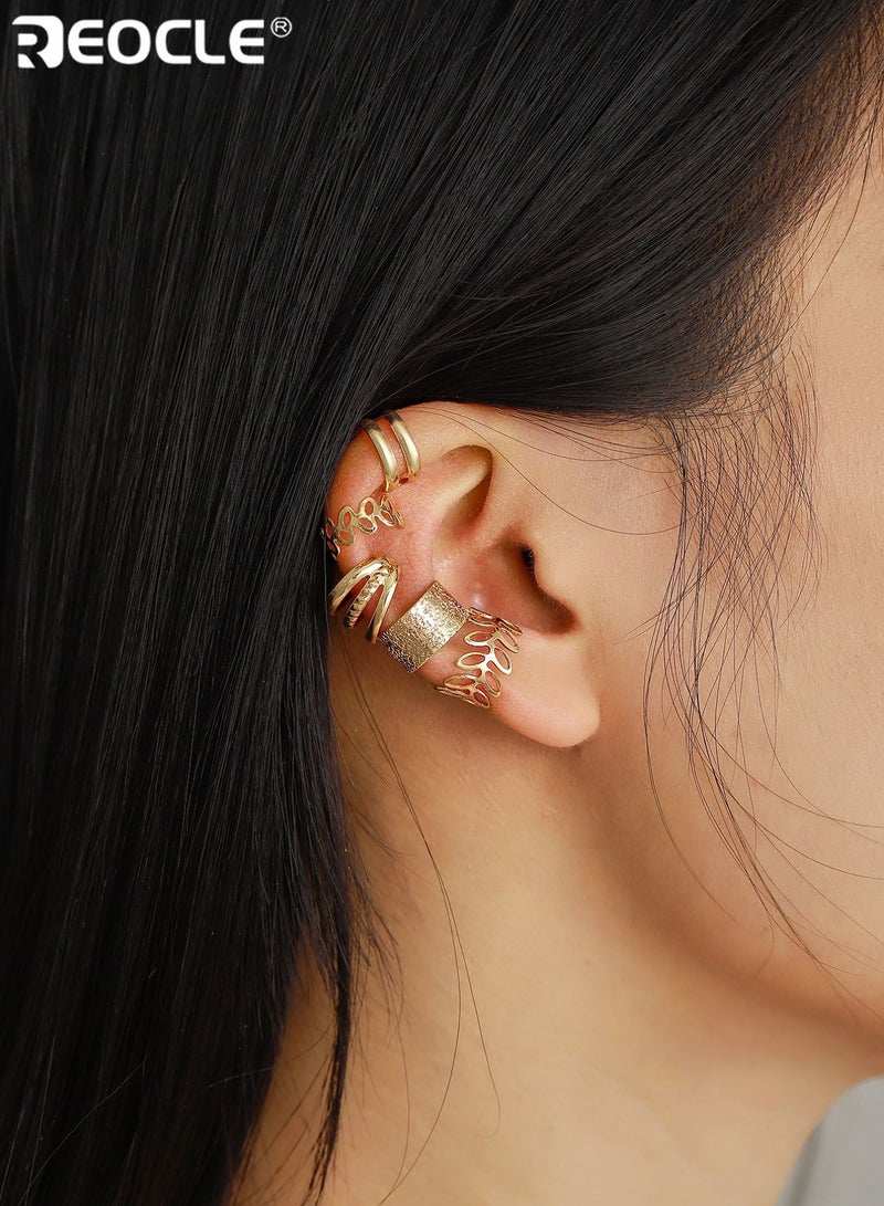 REOCLE 5PCS Women's Multi-Piece Ear Cuff Set with Mixed Textures & Geometric Designs Edgy Minimalist Jewelry for Daily Wear and Special Occasions - Image 2
