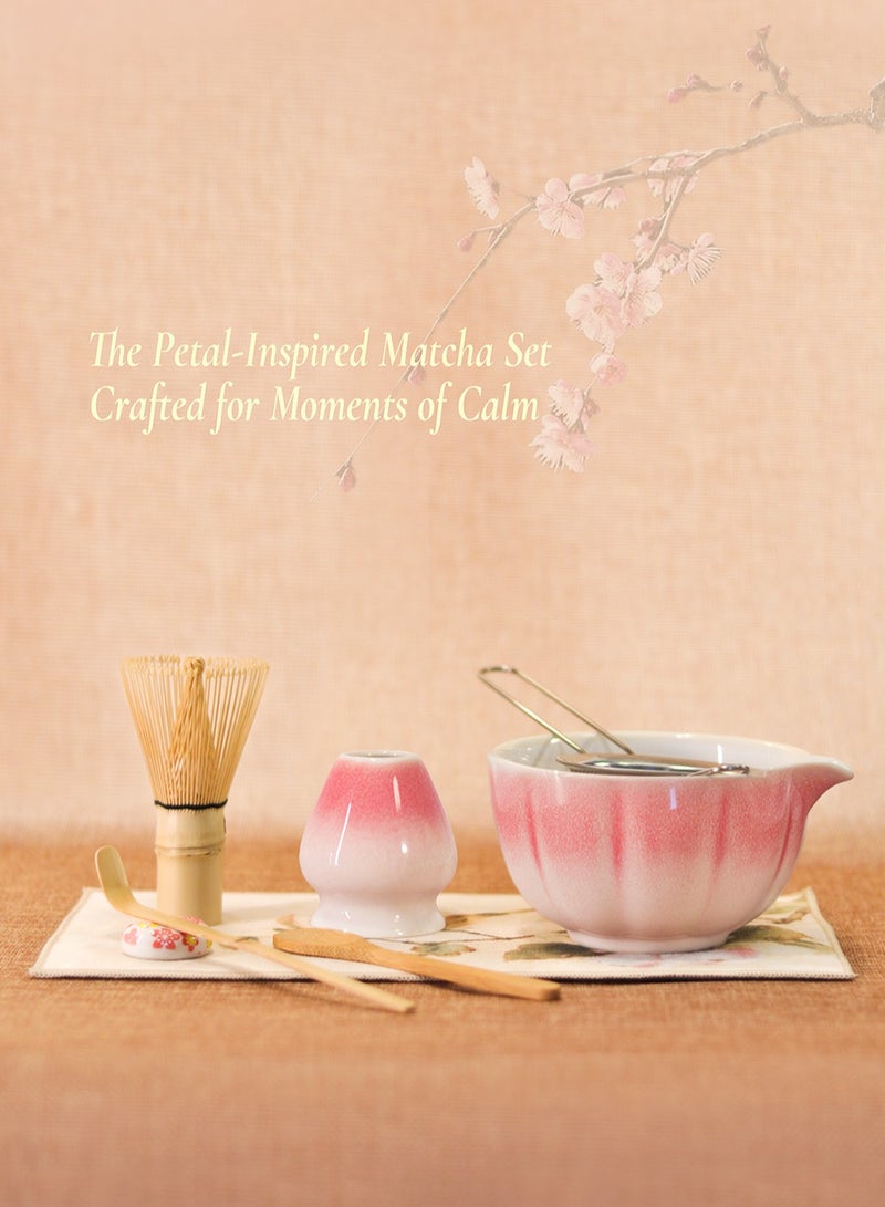 أدوات ماتشا، مجموعة ماتشا مكونة من 8 قطع، طقم خفاقة ماتشا وردية اللون - وعاء سيراميك متدرج الألوان مع فوهة، خفاقة وحامل من الخيزران، مغرفة من الخيزران، حامل مغرفة، ملعقة خشبية، منخل وحصيرة شاي - طقم ماتشا كامل وهدية مثالية لمحبي الماتشا، مستوحاة من أزهار الكرز - Image 3
